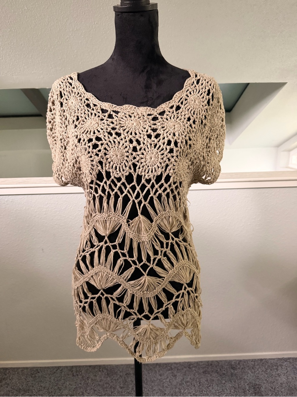 Fever Neutral Sandstone Crochet Fringe Top